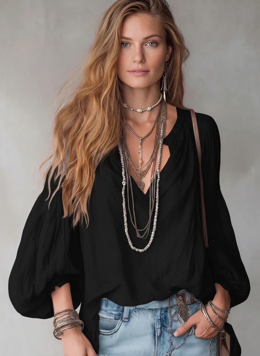 Women’s V Neck Lantern Sleeve Loose Fit Blouse with Pleated Design