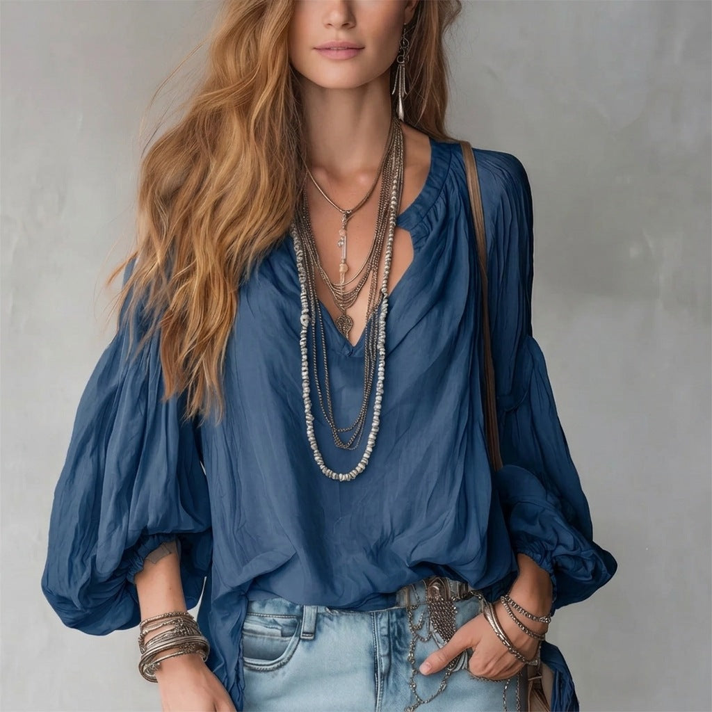 Women’s V Neck Lantern Sleeve Loose Fit Blouse with Pleated Design