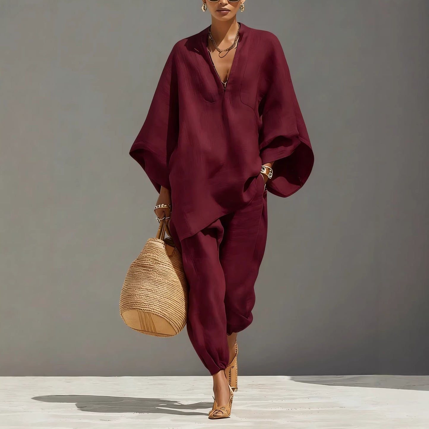 Women’s Two Piece Linen Blend Set with Loose Fit Long Sleeve Top and Pants