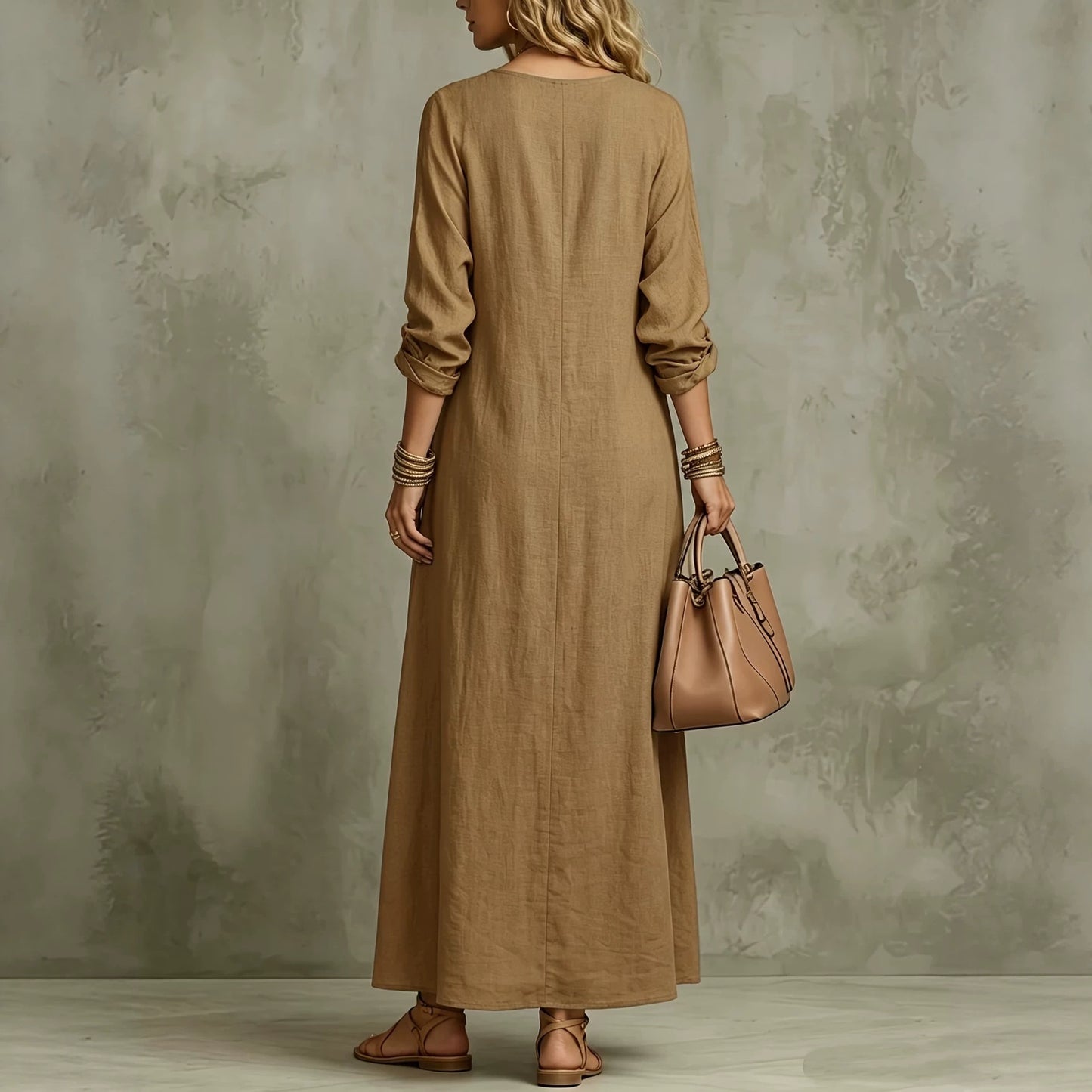 Women's V Neck Long Sleeve A-Line Maxi Dress